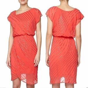 $169 Vince Camuto Orange Coral Sequin Asymmetrical Neck Cocktail Dress ~ 6